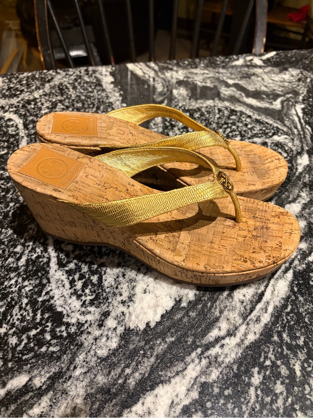 Tory Burch Gold Cork Wedge Thong Sandals